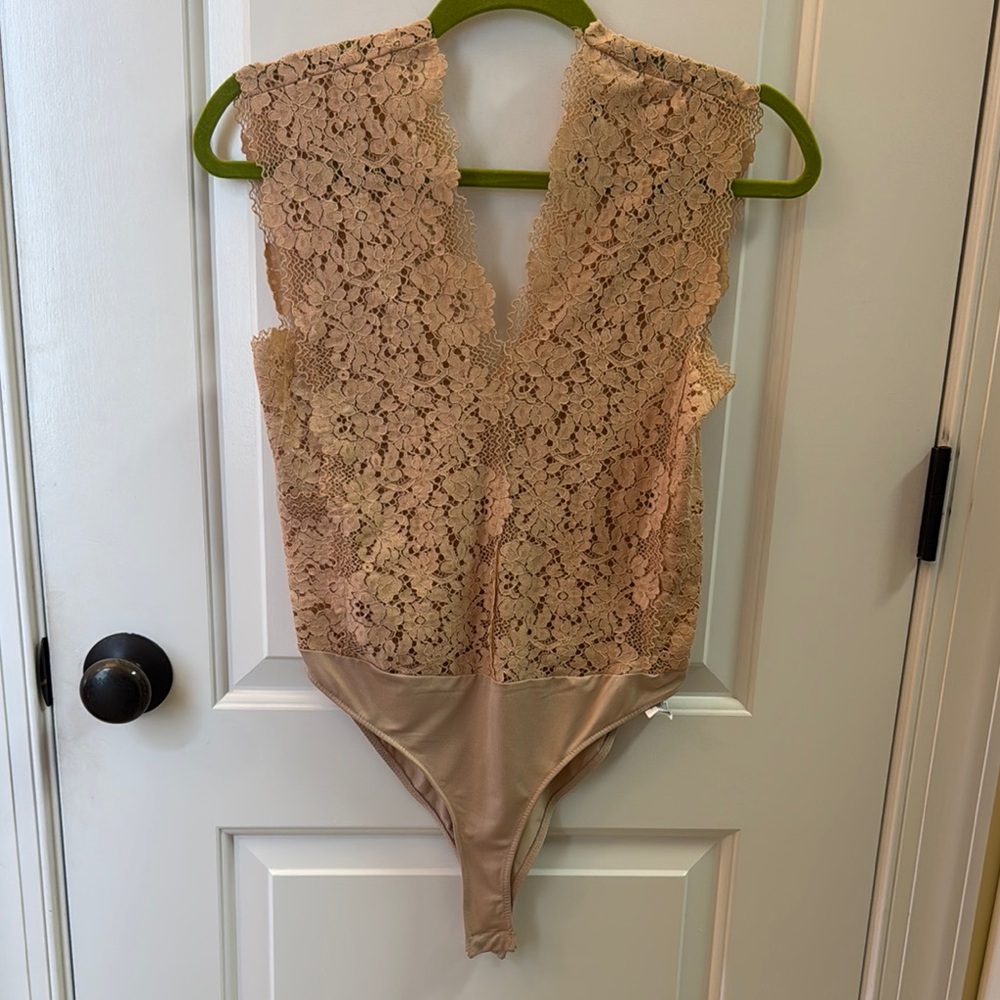 Vintage Tan Shapewear Bodysuit with Floral Lace